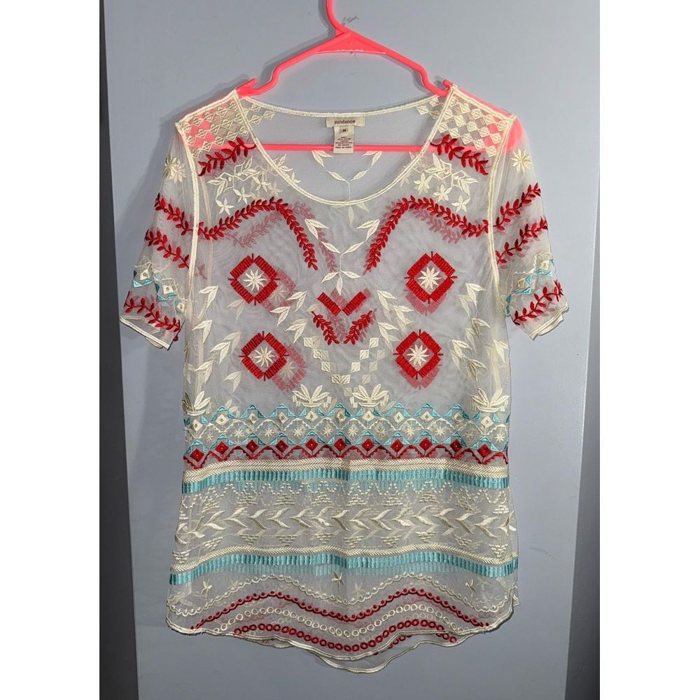 Sundance sheer cream colored shirt w/‎ red and blue Aztec embroidery size medium